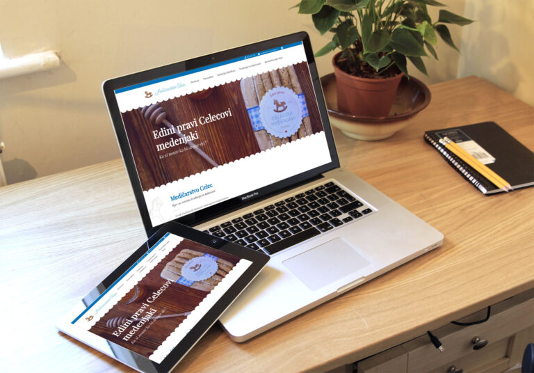 Spletna stran Medičarstva Celec prikazana na zaslonu prenosnega računalnika, tablice in telefona.